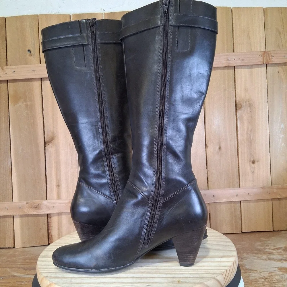 ECCO Hope‎ Tall Boots Womens 9 40 EU Brown Leather Zip Knee High Riding Buckle